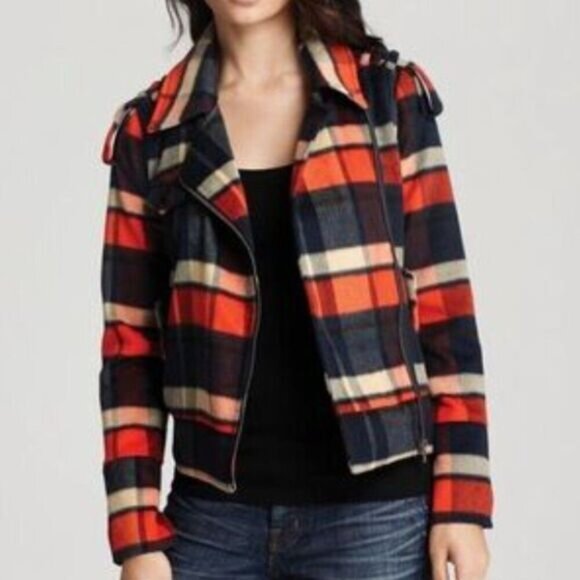 HURLEY / Quiet Rebel Moto Plaid Blanket Fleece Biker Full Zip Jacket Sz XS - Picture 1 of 16